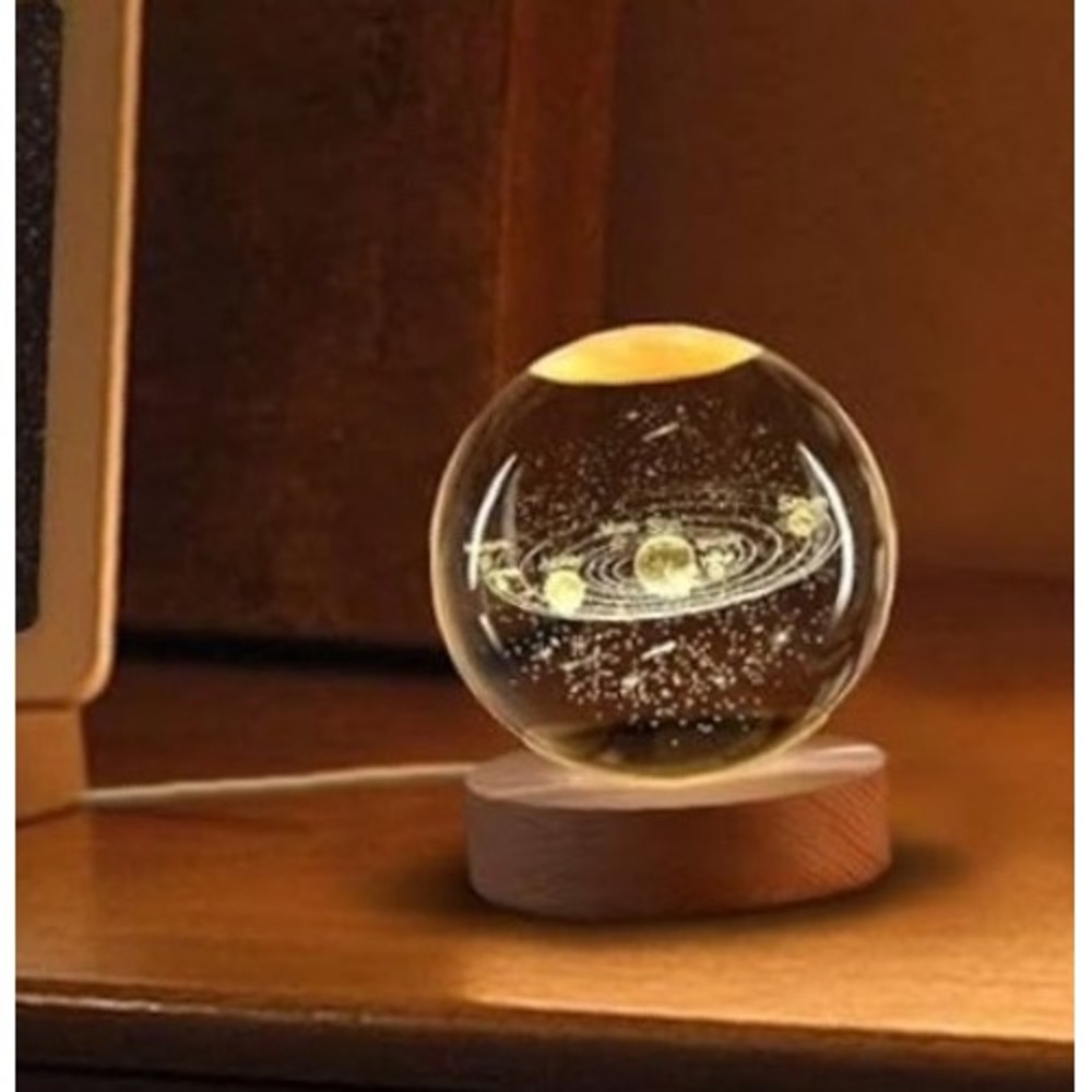 Solar System Crystal Ball Lamp‎ Night Light Sphere with Wood Base
